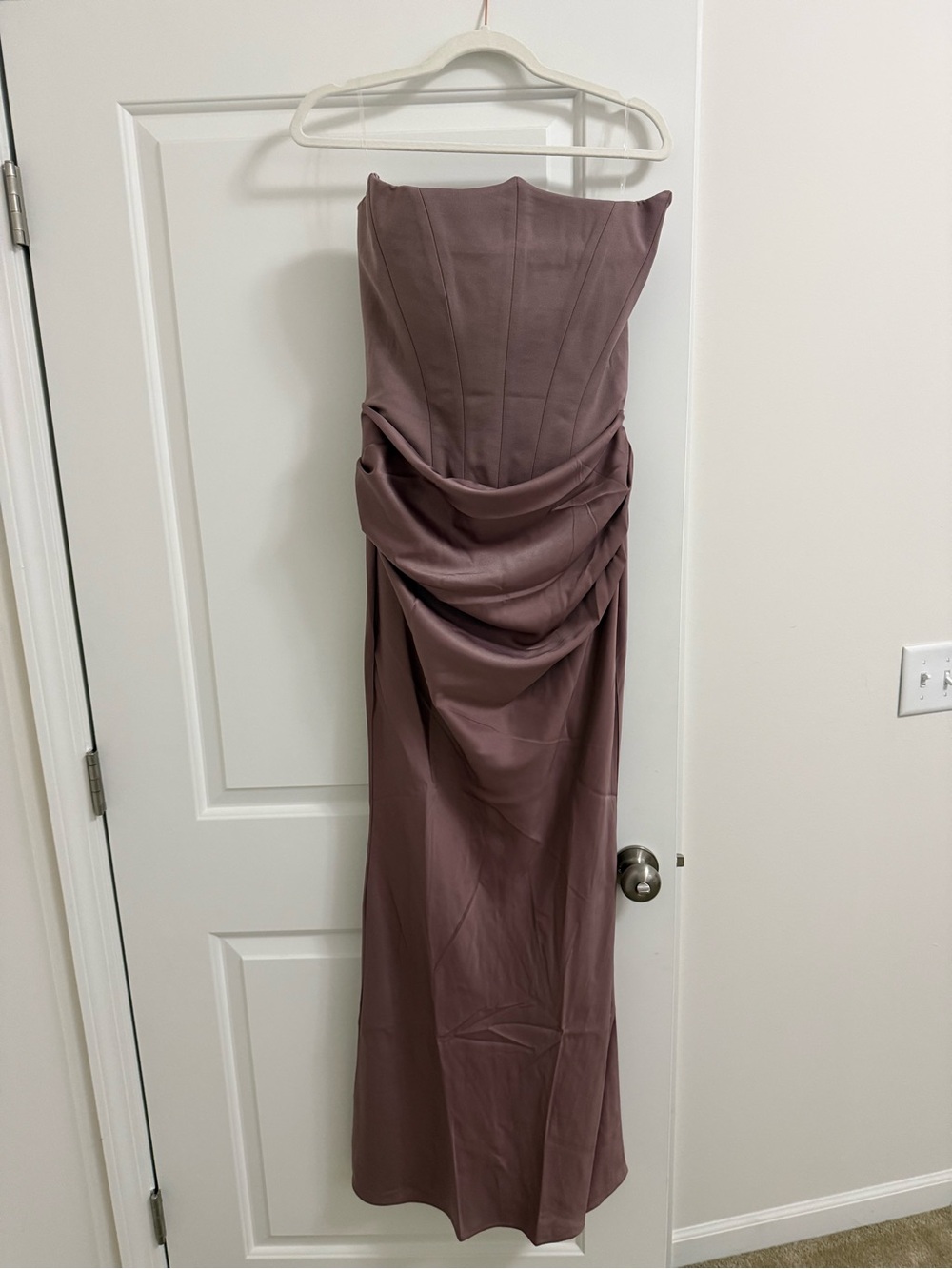 Strapless Mauve Drape-Front Evening Gown